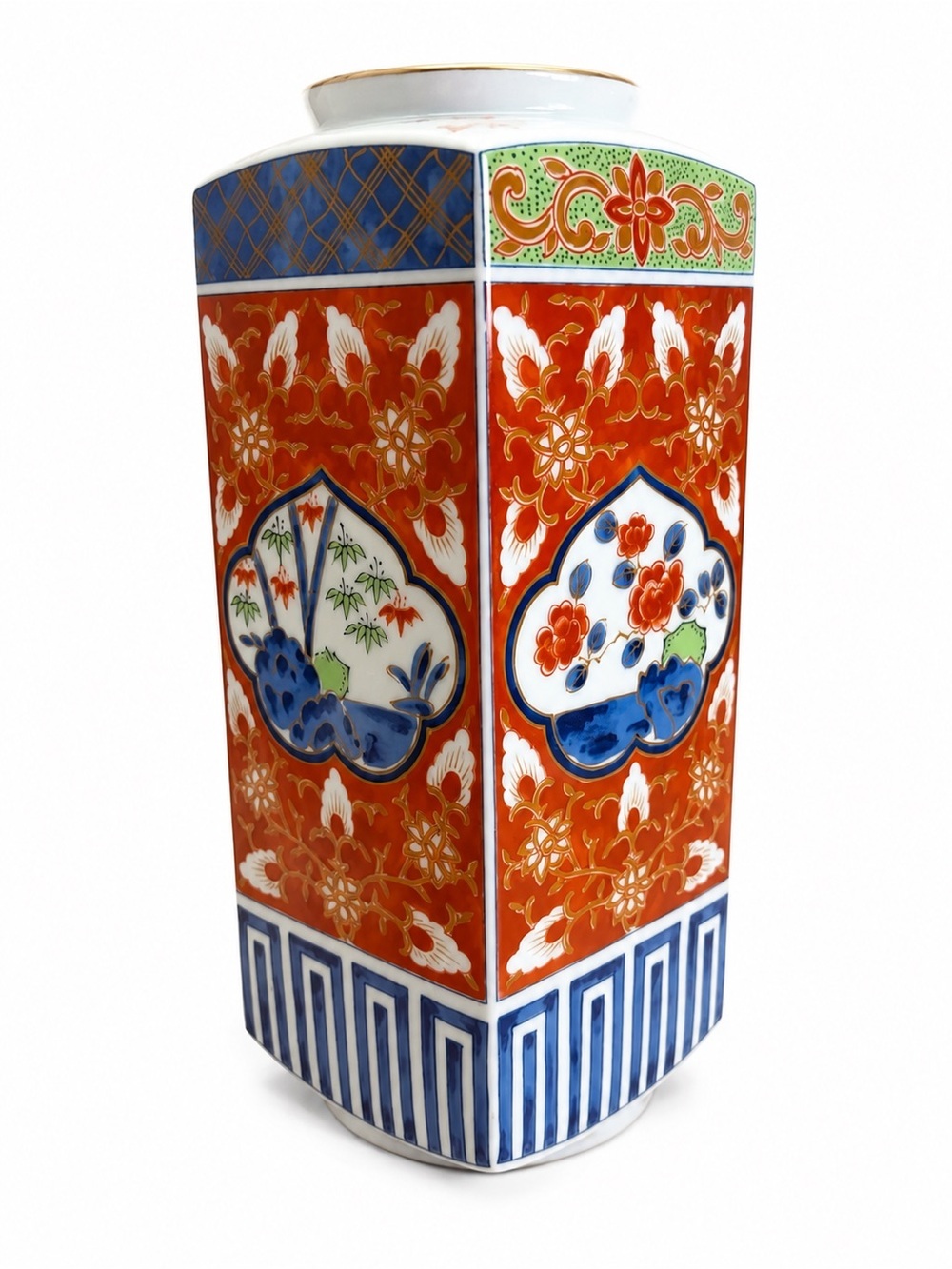 Vintage Japanese Arita Imari Porcelain Square Vase Red Gold Floral Eisetsu 9.75"